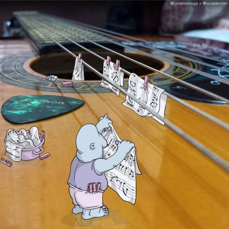 ilustraciones de algunos dibujos colgando algunas notas musicales sobre las cuerdas de una guitarra 