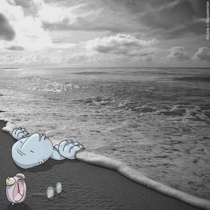 Ilustración de un dibujo animado acostado debajo de una ola de mar a la orilla 