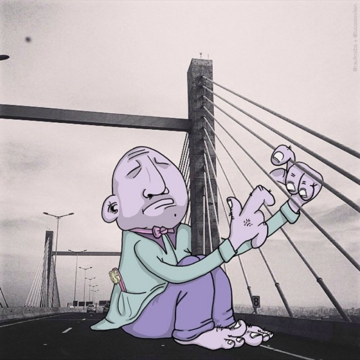 fotografía de un dibujo tocando las cuerdas de un gran puente 