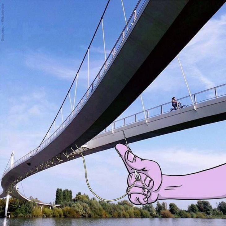 ilustración de una mano cocienco un puente 