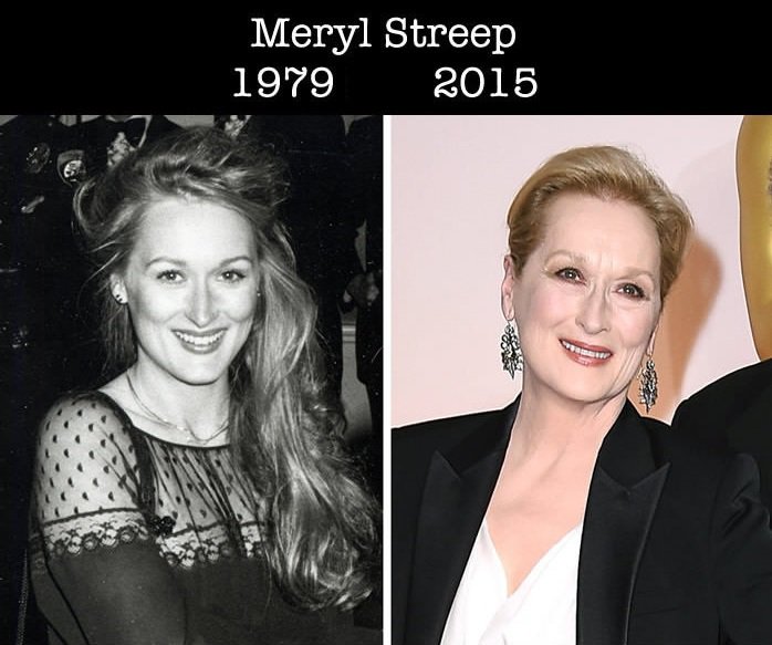 Comparación de Meryl Streep de su primer nominación a los premios Óscar y una foto del 2015