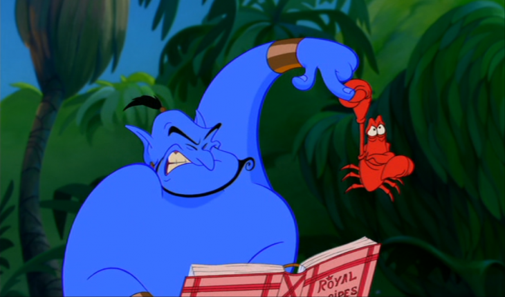 Cameo de Sebastián de la sirenita en la película de Aladdin con el genio 
