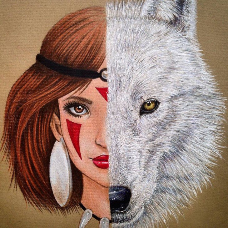 Dibujo de los rostros de la princesa mononoke y hime 