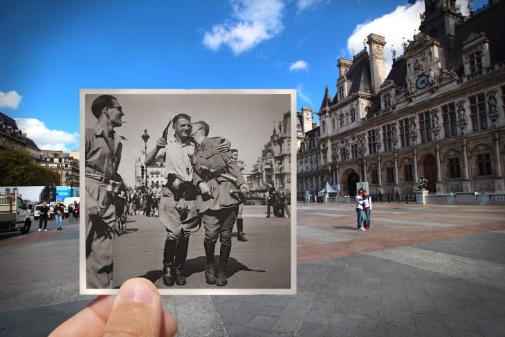 foto antigua sobre una fotografía actual de Hotel de Ville