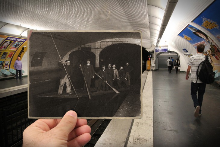 foto antigua sobre una fotografía actual Estación del metro Odéon, 1910