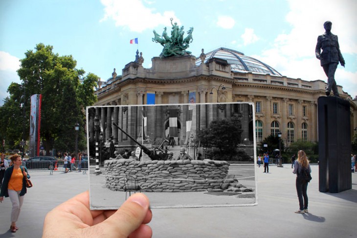 foto antigua insertada sobre una foto actual de Le Grand Palais, 1944 