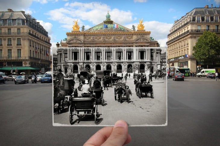 Plaza de la Opera, 1900 combinada con una fotografía actual 