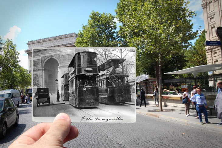 foto antigua sobre una fotografía actual de Arco de triunfo, 1909