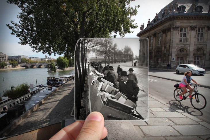 fotografía antigua insertada sobre una fotografía actual de Quai de Conti, 1900