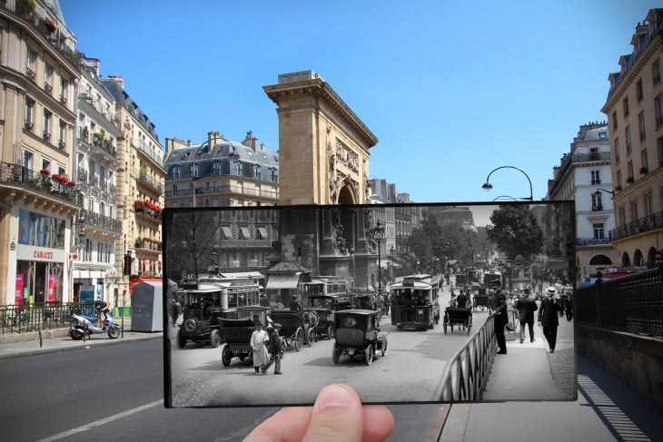foto antigua sobre una foto actual de Boulevard Saint-Denis, 1910