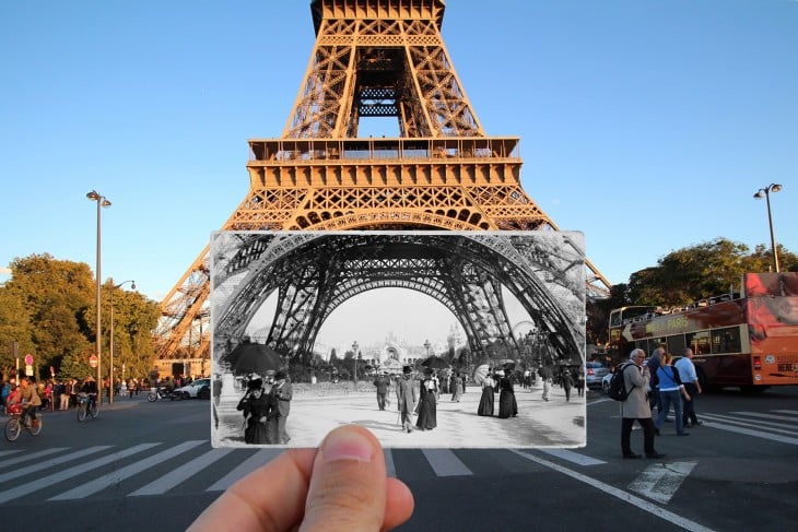 fotografía actual con una fotografía antigua de la Torre Eiffel
