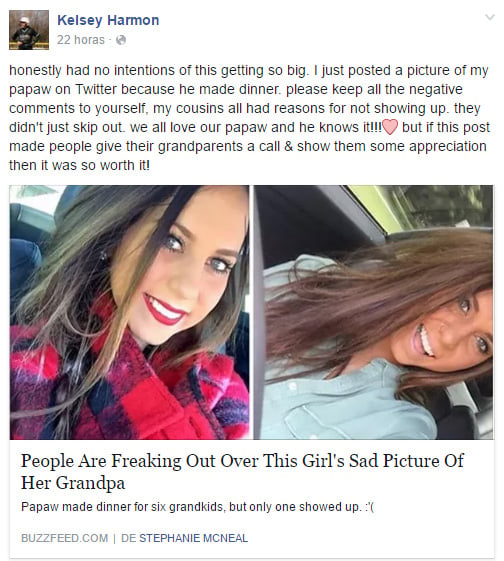 Captura de pantalla que muestra la publicación en Facebook de una chica 