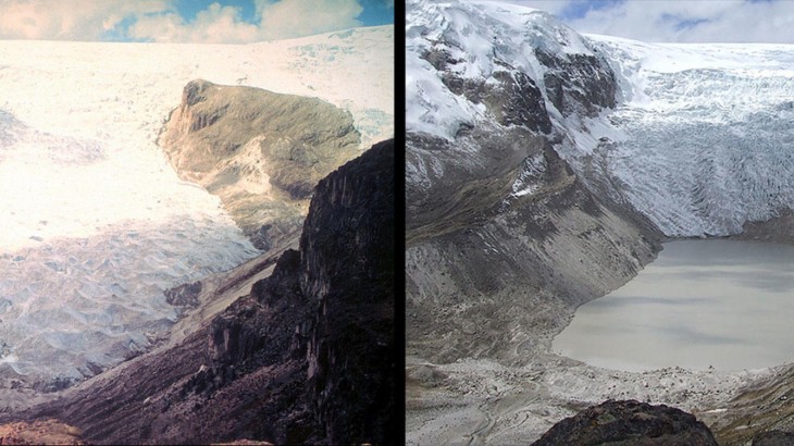 imagen del antes y después del derretimiento del glaciar Qori Kalis en Perú de 1978 a 2011