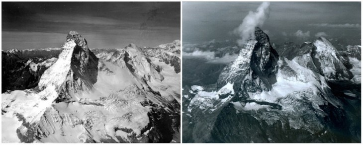 Montaña Matterhorn, Alpes, en la frontera entre Suiza e Italia. Agosto de1960 y agosto de 2005