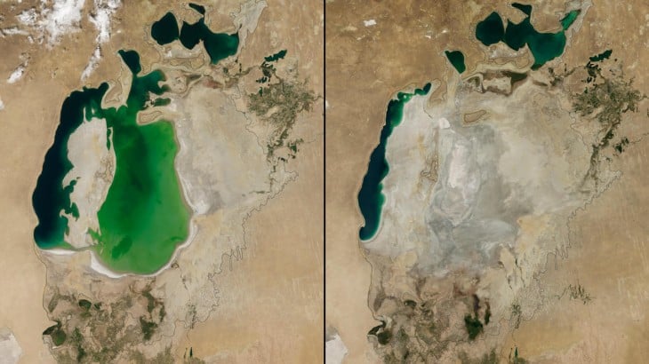 imagen del antes y ahora del Mar de Aral en Asia Central de agosto de 2000 a agosto de 2014 