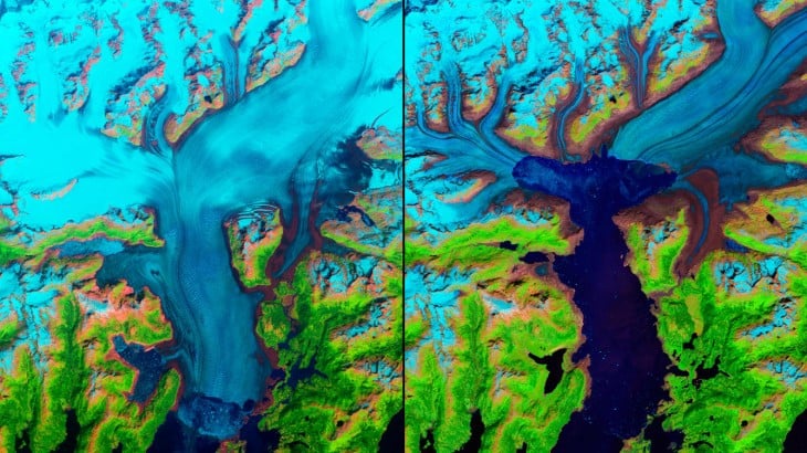 imagen antes y después del glaciar columbia en Alaska de 1986 a 2014 