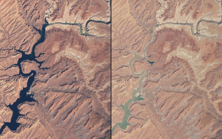 Fotografía que muestra la sequía del lago powell de marzo de 1999 a mayo de 2014 