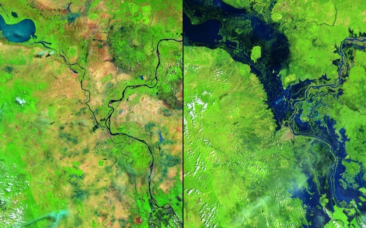 Inundaciones en Tifón Nari entre los ríos Mekong y Tonle Sap en Camboya de mayo de 2013 a octubre de 2013. 