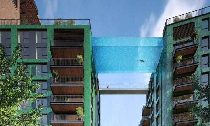 imagen que muestra el diseño del proyecto de la piscina entre dos edificios en Londres 