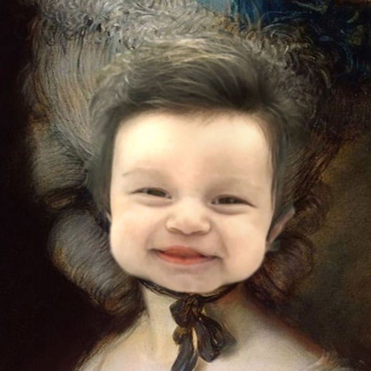 cara de Isabelle Kaplan, la bebé con mucho cabello en una pintura del arte rococó 
