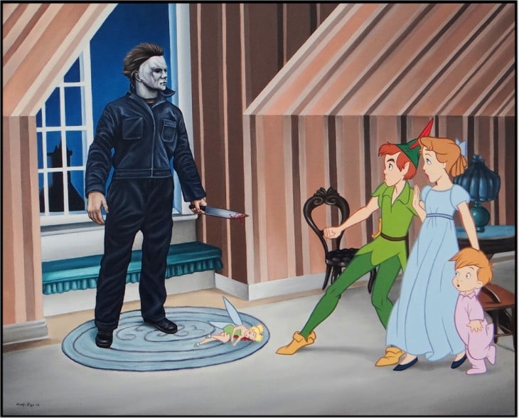 Peter Pan y Wendy siendo asustados por el villano de cine Myers 