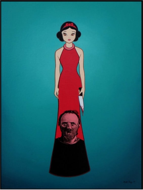 blanca nieves con un vestido rojo que tiene la cara Hanibbal Lecter