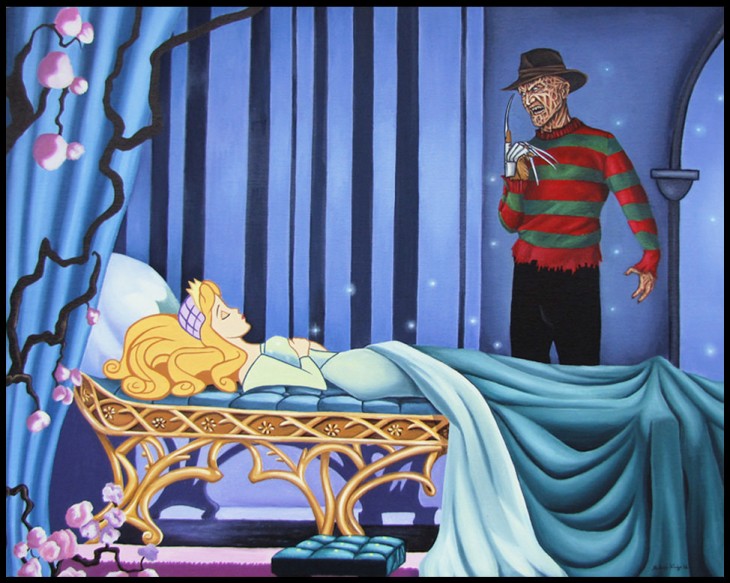 Ilustración de la Bella Durmiente con el villano Freddy Krueger 