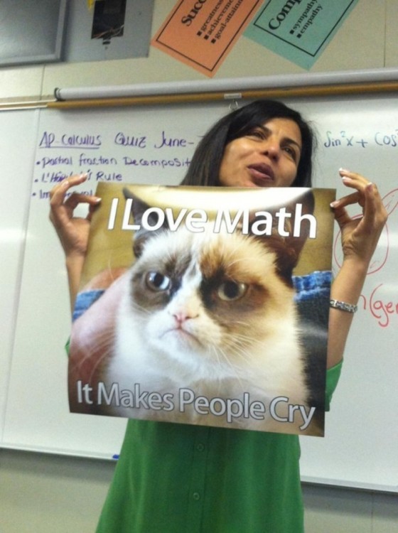 maestra de matemáticas con un letrero del gato enojado 