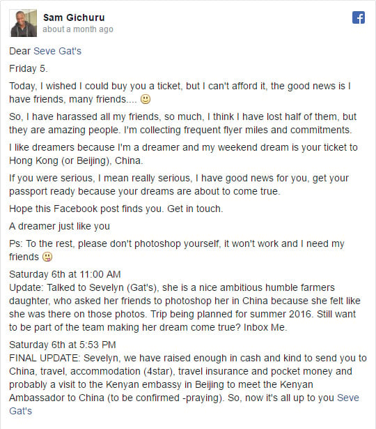 Captura de pantalla del Facebook de Sam Gichuru un empresario africano que decidió ayudar a una chica a cumplir su sueño de viajar a China