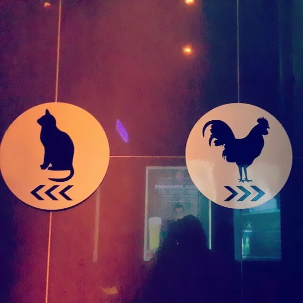 letreros de baños con la figura de un gallo y con la figura de un gato