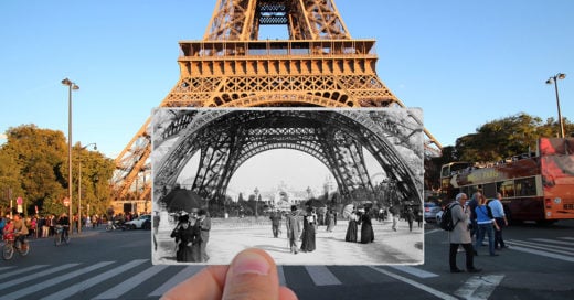 Julien Knez fotógrafo Francés tras encontrar fotos antiguas de París las fotografío junto a la ciudad como se encuentra actualmente