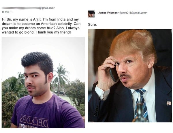 james fridman hombre quería ser una celebridad americana, lo convierte en Donald Trump