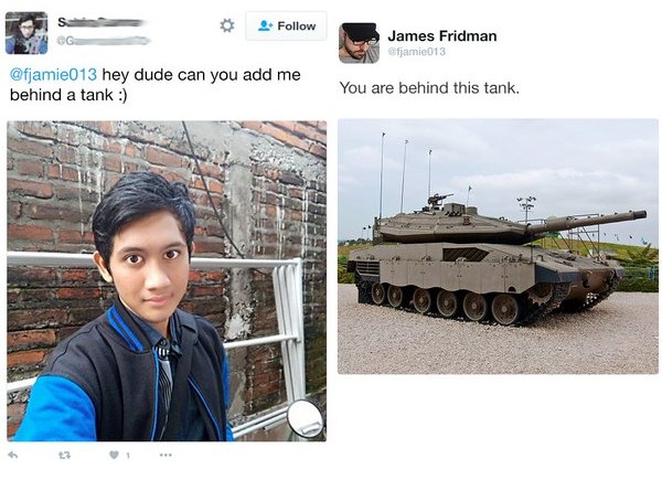 james fridman, hombre pidió estar atrás de un tanque