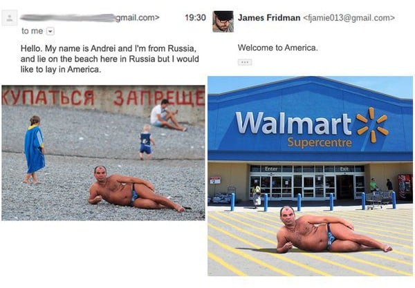 james fridman, foto de hombre acostado con bikini frente a estacionamiento de Walmart