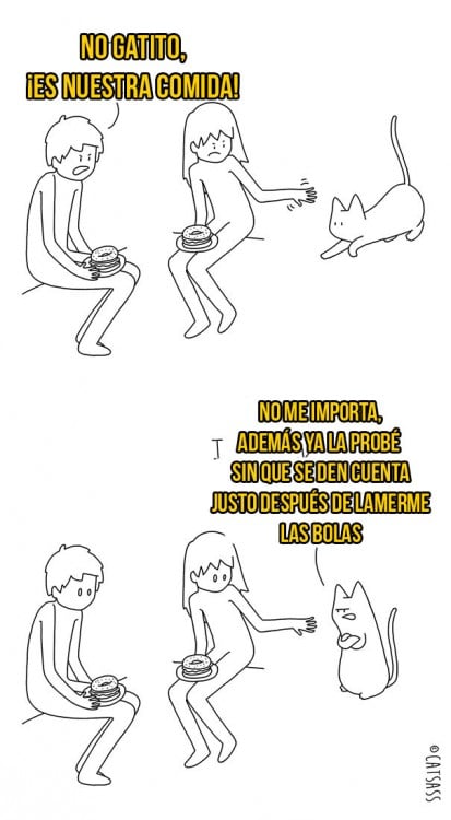 ilustración de dueños alejando al gato de la comida