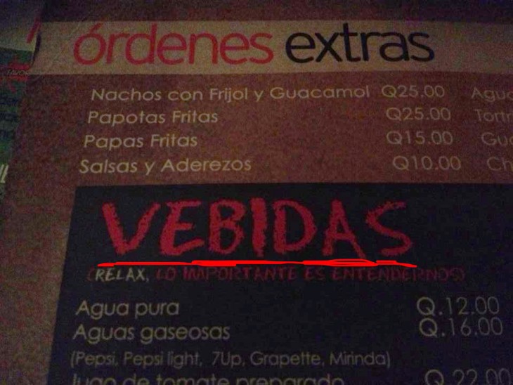 menú con vebidas, no bebidas