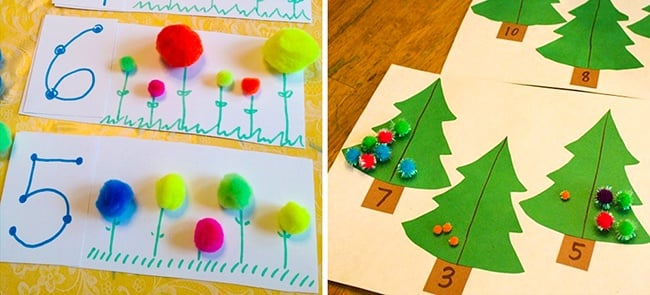 truco de las bolitas de colores sobre plantas y árboles para aprender los números 