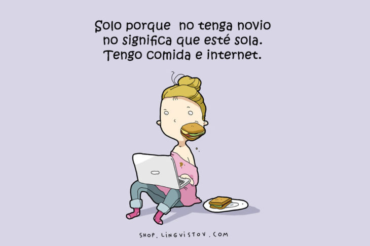 ilustración de una chica sentada en el suelo comiendo con una laptop sobre sus piernas 