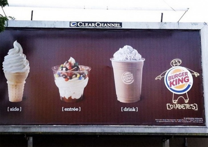 letrero de publicidad de burguer king con un dibujo de diabetes 