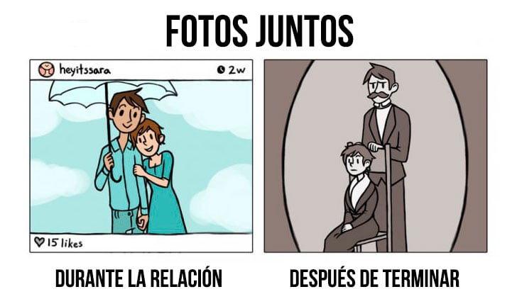 ilustración que muestra las fotos juntos durante y después de una relación amorosa 