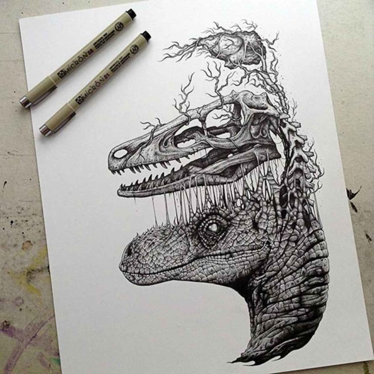 dibujo de la cara de un dinosaurio donde se puede ver desprendiéndose de su cuerpo su esqueleto 