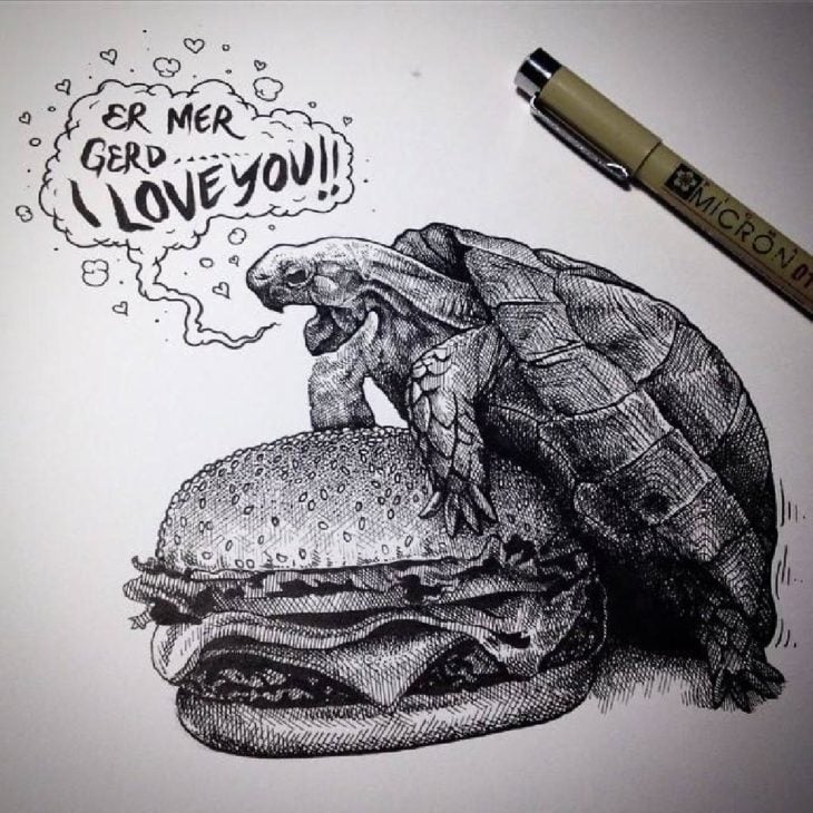 dibujo de una tortuga sobre una hamburguesa 