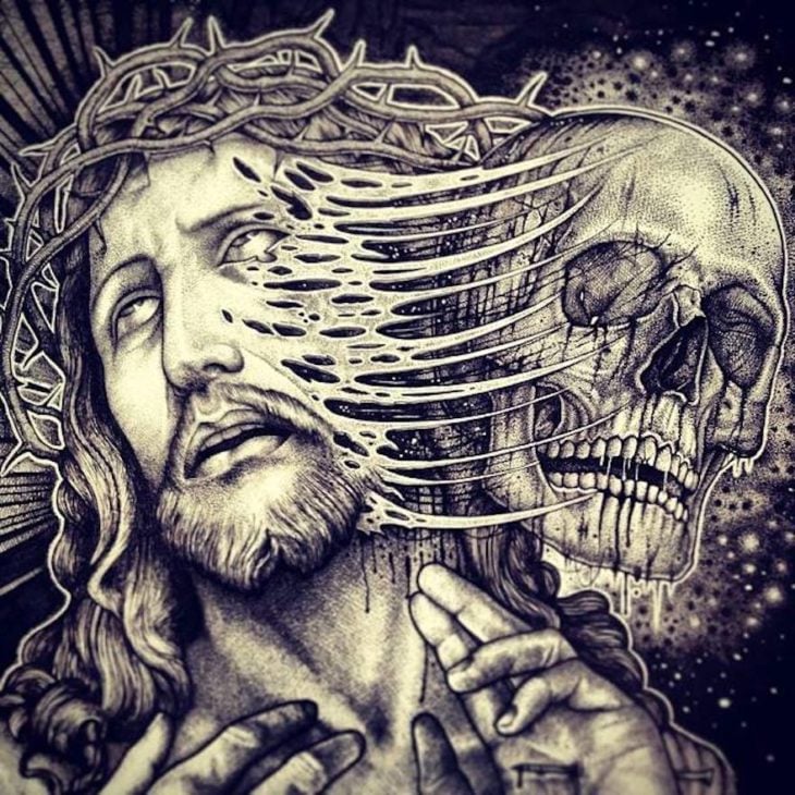 dibujo del cráneo de cristo desprendiéndose de su cabeza 