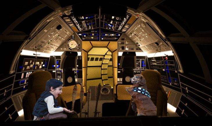 Batalla de Photoshop al niño y su perro vestidos de Han Solo y Chewbacca sobre una nave de star wars 