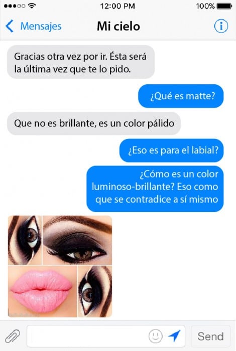 captura de pantalla de la conversación de una chica que pidió maquillaje a su novio 