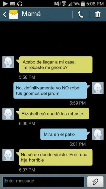 mensajes de madre a su hija reclamando sus gnomos en el jardín 