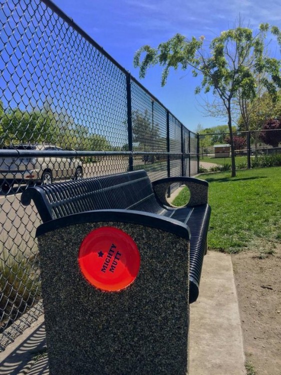 Frisbie de color rojo dentro de un agujero en una banca de un parque 