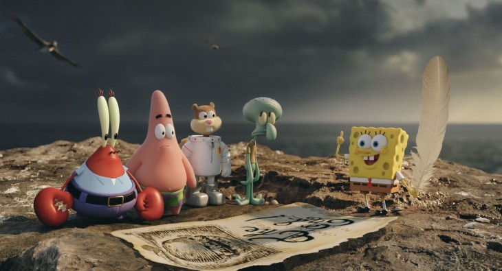 personajes principales de la serie animada de Bob Esponja en una escena de la película 