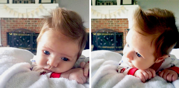 dos fotos de un bebé con mucho cabello acostado en una cama 