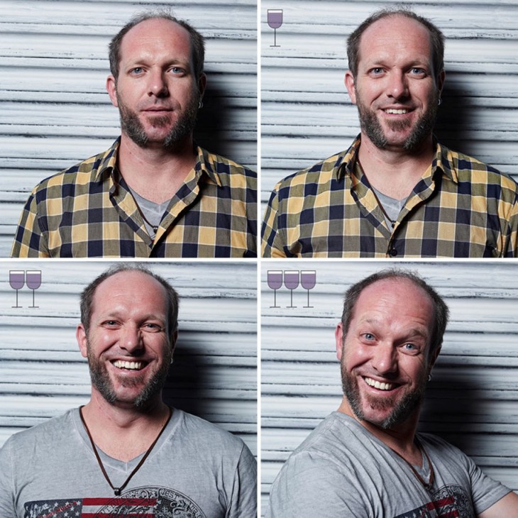 collage de fotos de un hombre que cambia sus expresiones conforme se toma una copa de vino 